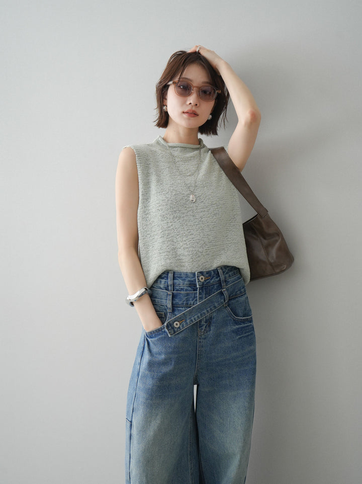 [予約]ノースリーブリネンタッチシアーニットプルオーバー/green