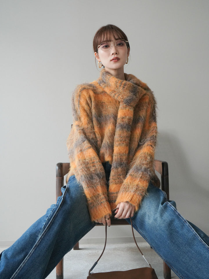 [予約]ストール付シャギーマルチボーダーニットプルオーバー/yellow