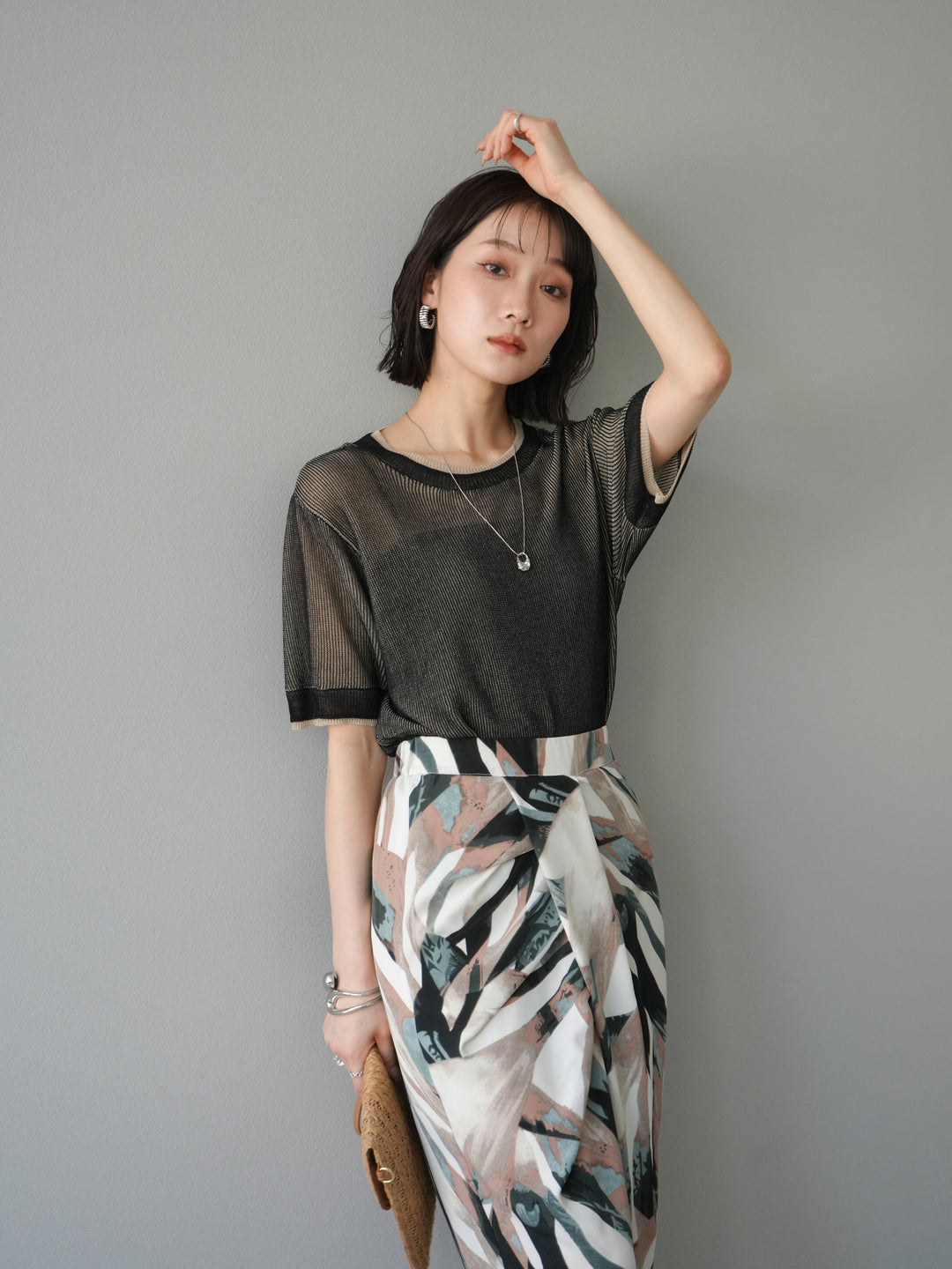 [SET]リネンタッチ配色二重臼ハーフニットトップス+選べるアソート柄スカートセット(2set)