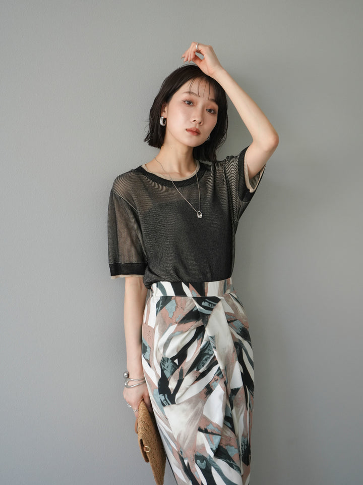 [SET]リネンタッチ配色二重臼ハーフニットトップス+選べるアソート柄スカートセット(2set)