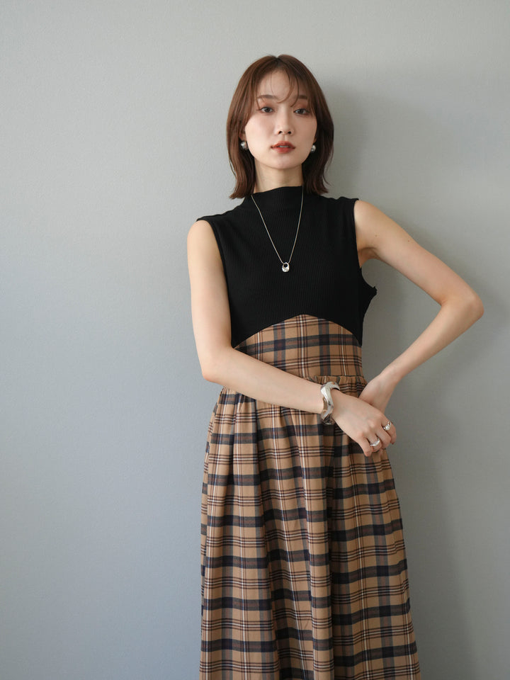 [予約]テレコ×チェックドッキングノースリワンピース/ブラック×ベージュ