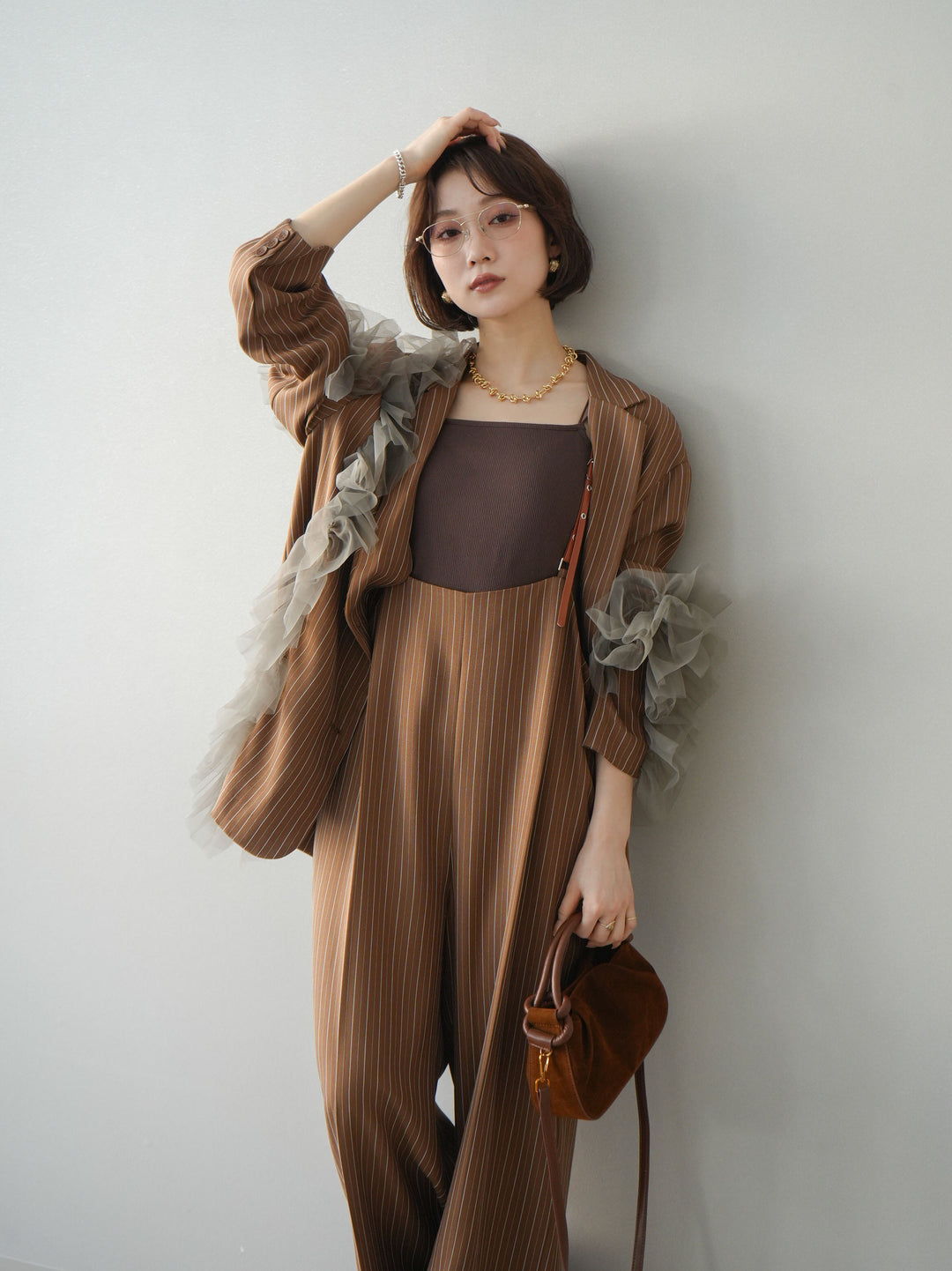 [予約]アシンメトリーチュールストライプジャケット/goldbrown