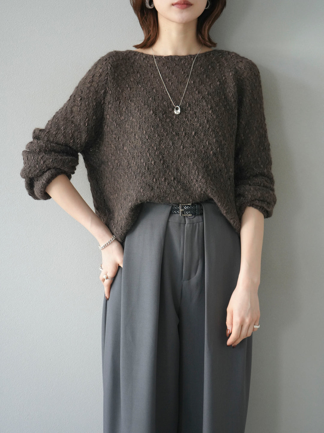 【着回しセット】[SET]求心柄クロップドニットカーディガン+異素材ミックスヤーンニットプルオーバー+ベルトループデザインワイドパンツ(3set)