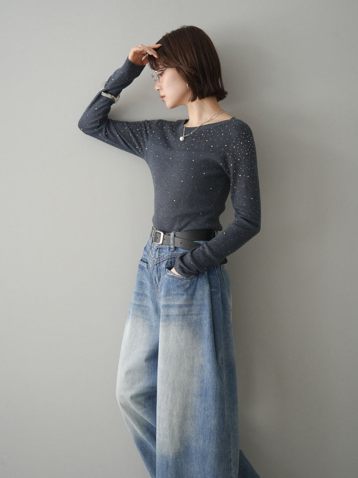 [SET]スパンコールシアーニットトップス+選べるアクセセット(2set)