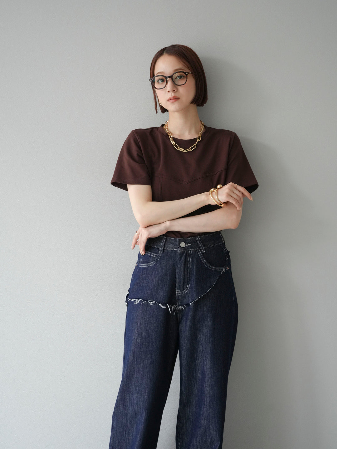 [SET]ビスチェデザインTシャツ+ヒップデザインデニムパンツ(2set)