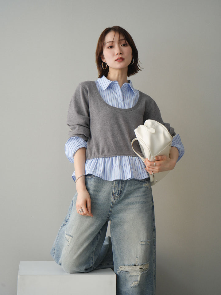 [予約]ストライプシャツUネックドッキングニットプルオーバー/graybluestripeA