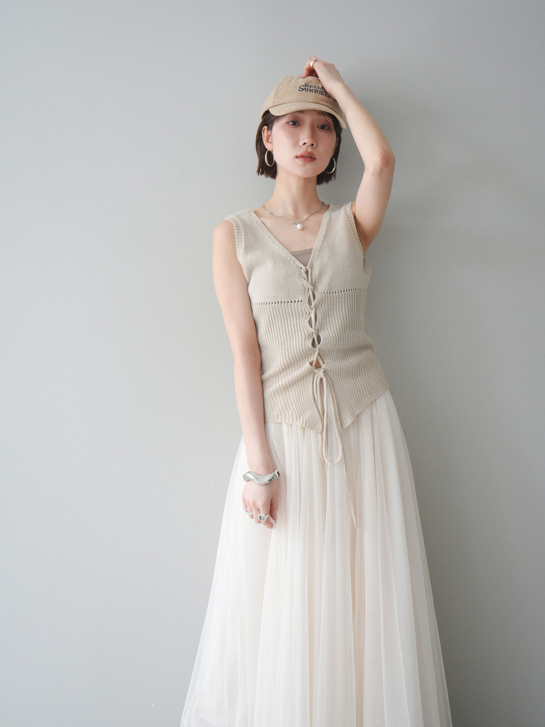 [予約]レースアップリブニットタンクトップ/beige