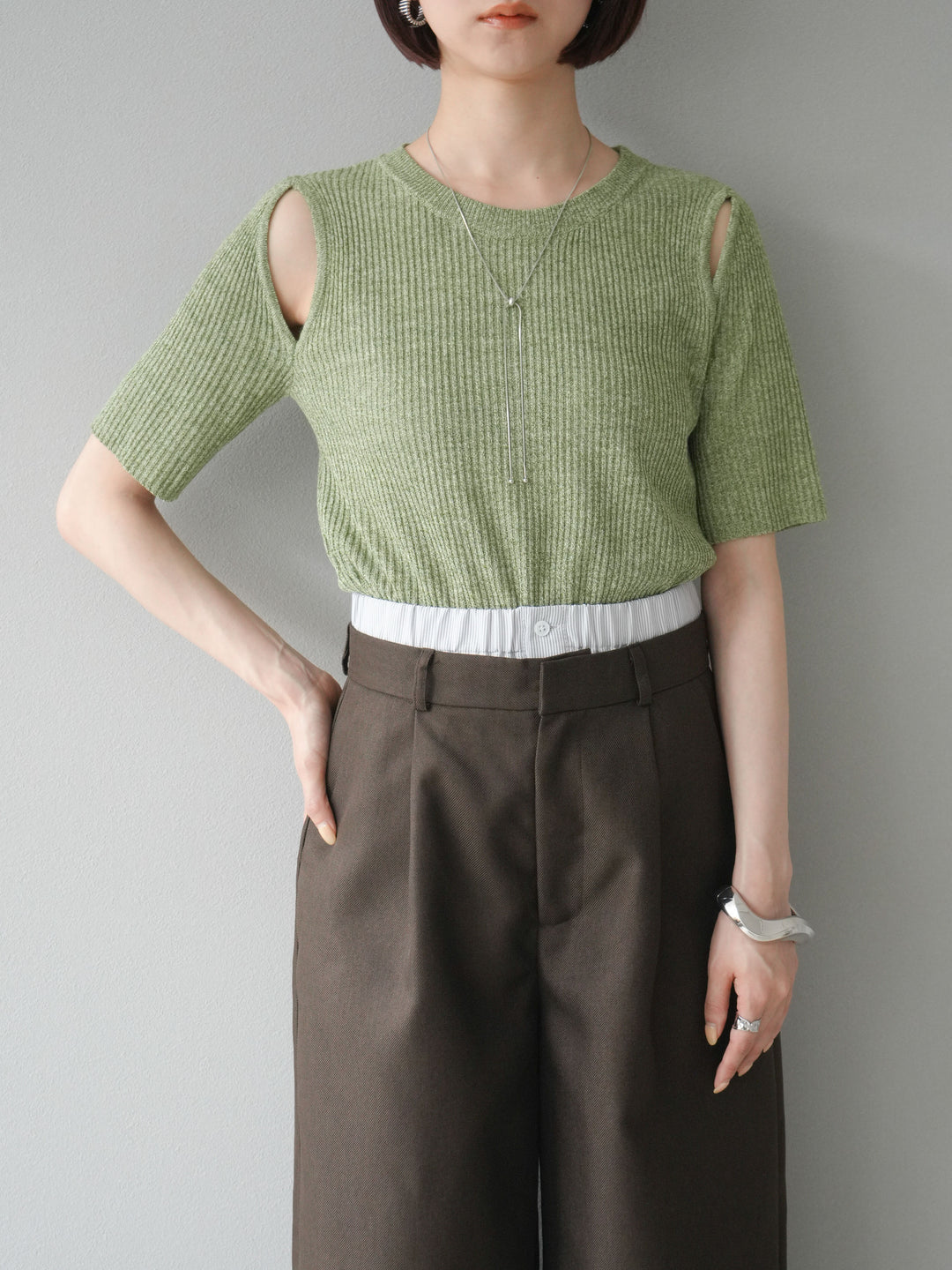 [予約]MIXニットショルダースリットプルオーバー/グリーン