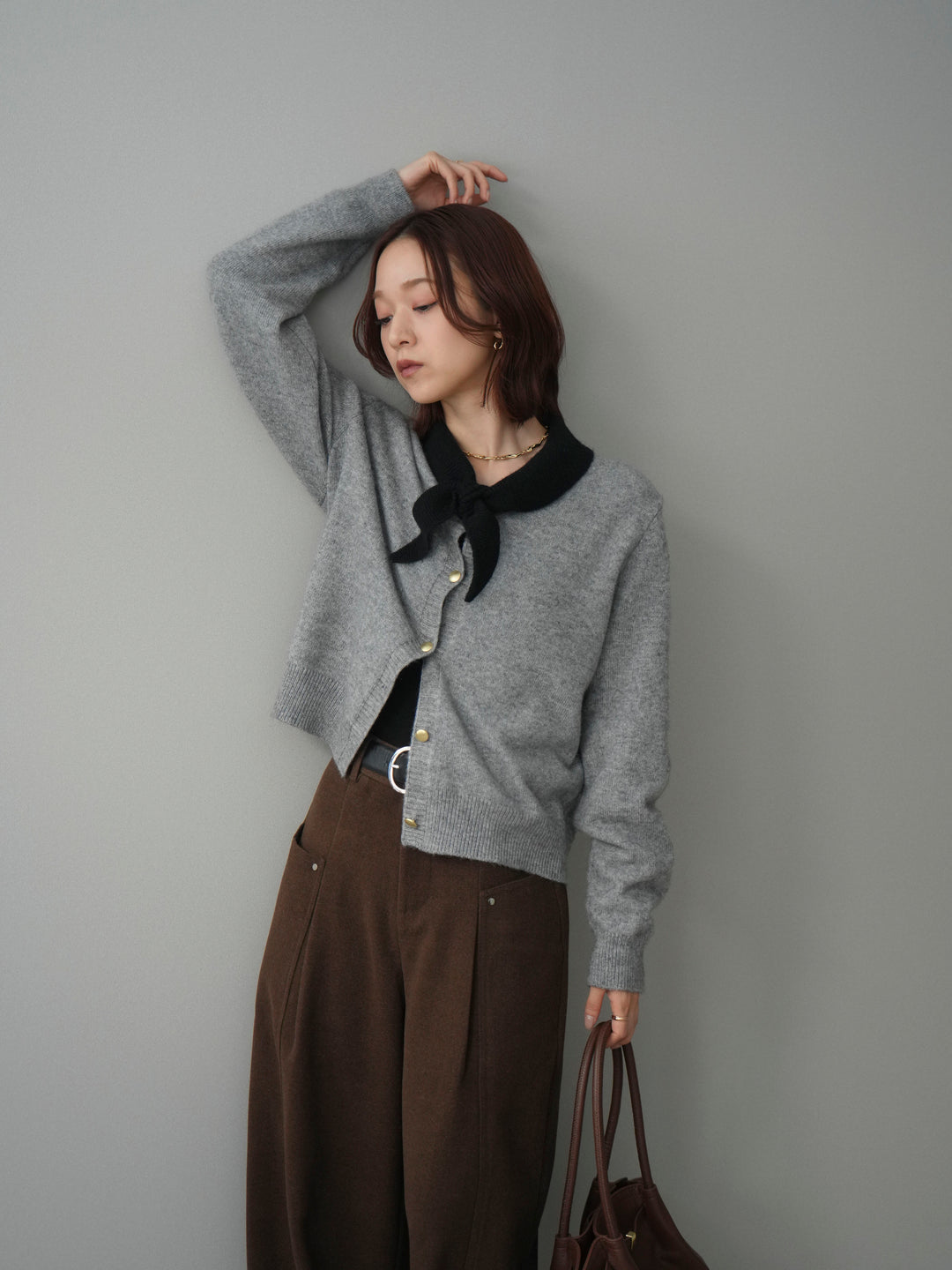 [SET]デザイン襟ニットカーディガン+ベルト付起毛コクーンパンツ(2set)