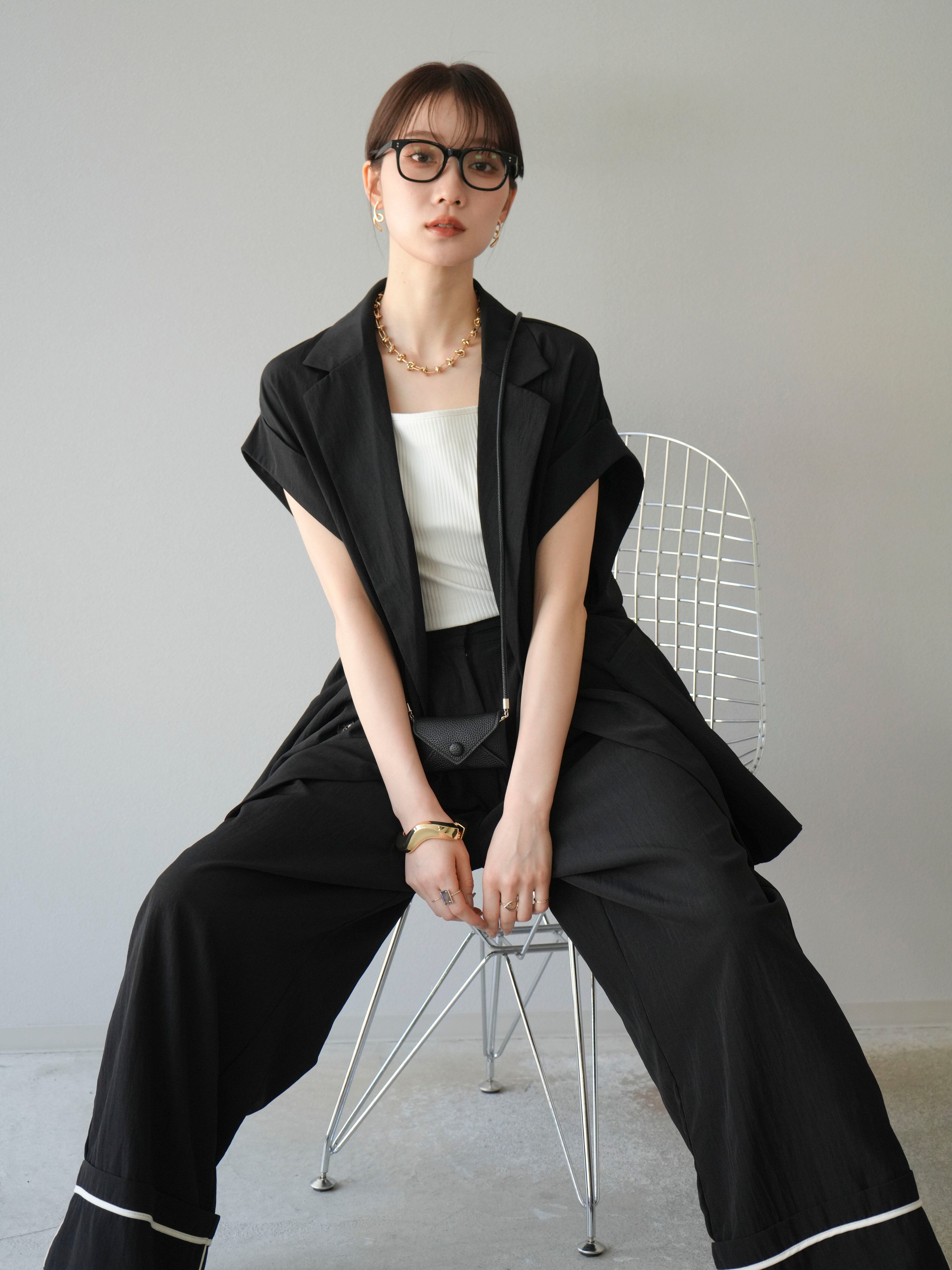 SET]リネンライクノースリーブダブルジレ+ダブルストラップカットリブ