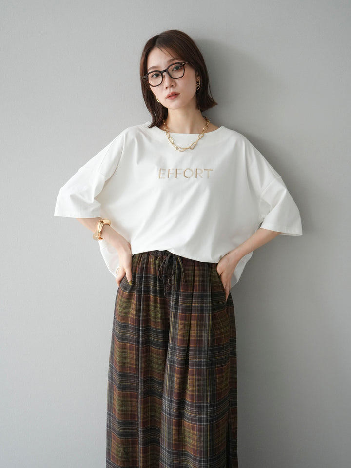 [套裝] 不同材質金屬標誌刺繡 x 印花T卹 + 透視格紋寬鬆褲（2 件套）