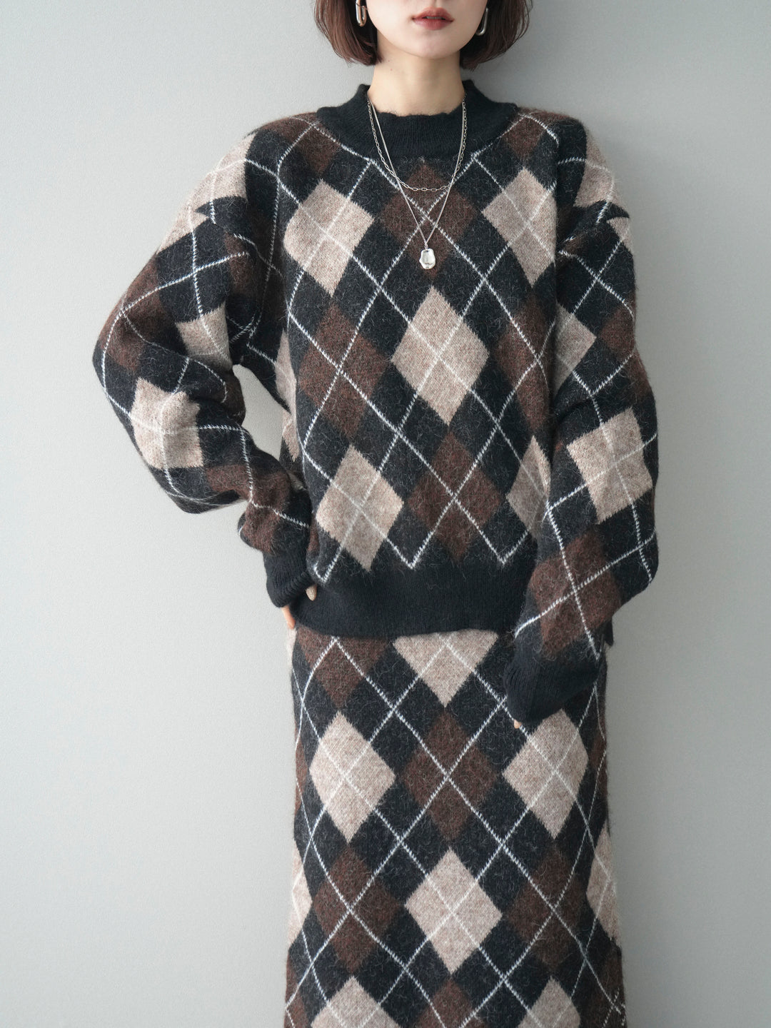 [SET]アーガイルニットプルオーバー&ロングスカートSET UP+選べるアクセセット(2set)