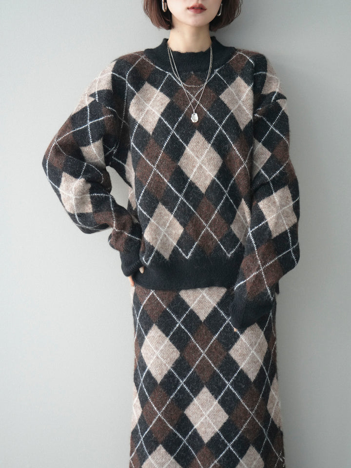 [SET]アーガイルニットプルオーバー&ロングスカートSET UP+選べるアクセセット(2set)