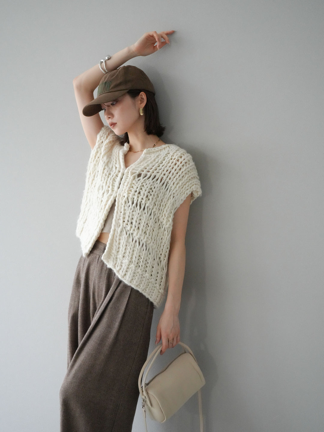 [SET] 手編繩結背心+粗花呢觸感褶皺寬褲（2件組）
