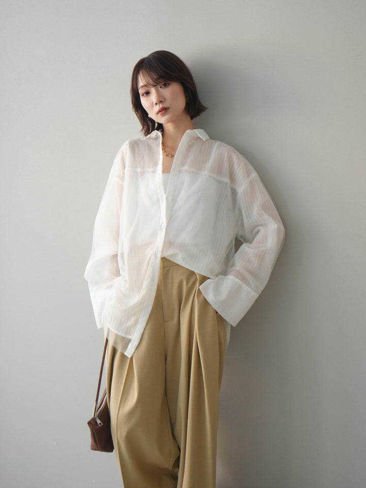 [予約]チュールレイヤードストライプシアーシャツ/offwhite