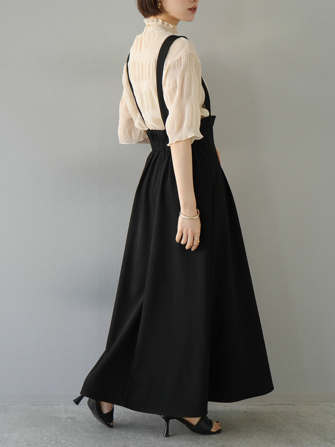 [SET] Shirring chiffon half sleeve blouse + 2WAY flare jumper skirt (2set)