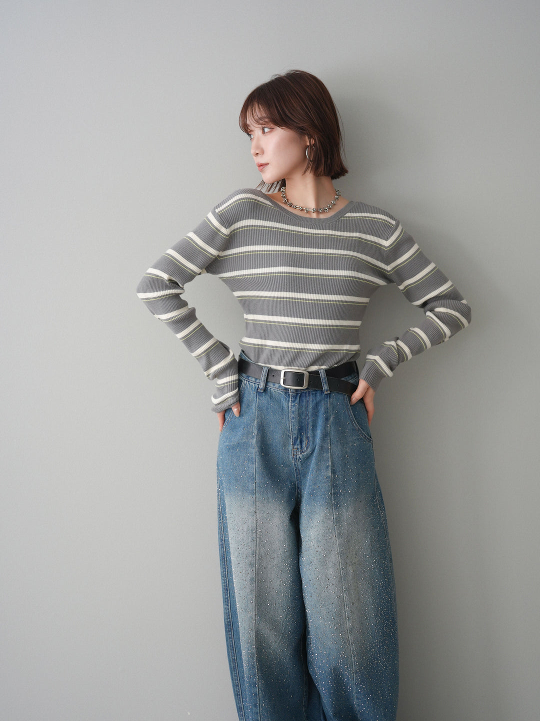 [予約]バックオープンテレコリブマルチボーダートップス/gray