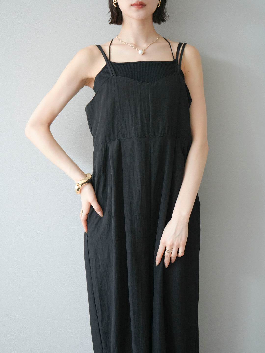 [SET]リネンライクビスチェデザインサロペット+ダブルストラップカットリブブラキャミソール(2set)