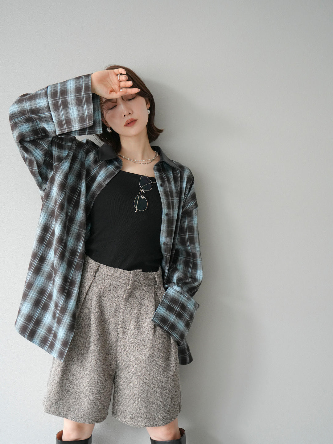 [SET]レザー襟オンブレチェックオーバーシャツ +ツイードハーフパンツ(2set)