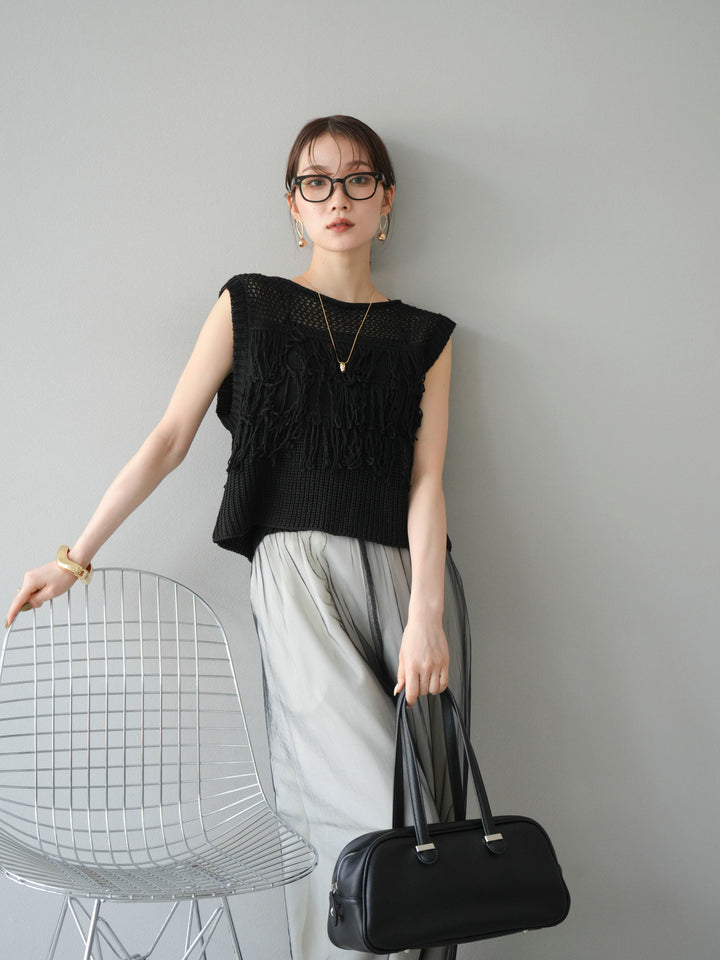 [SET]透かし編みフリンジニットトップス+コード刺繍チュールレイヤードパンツ(2set)
