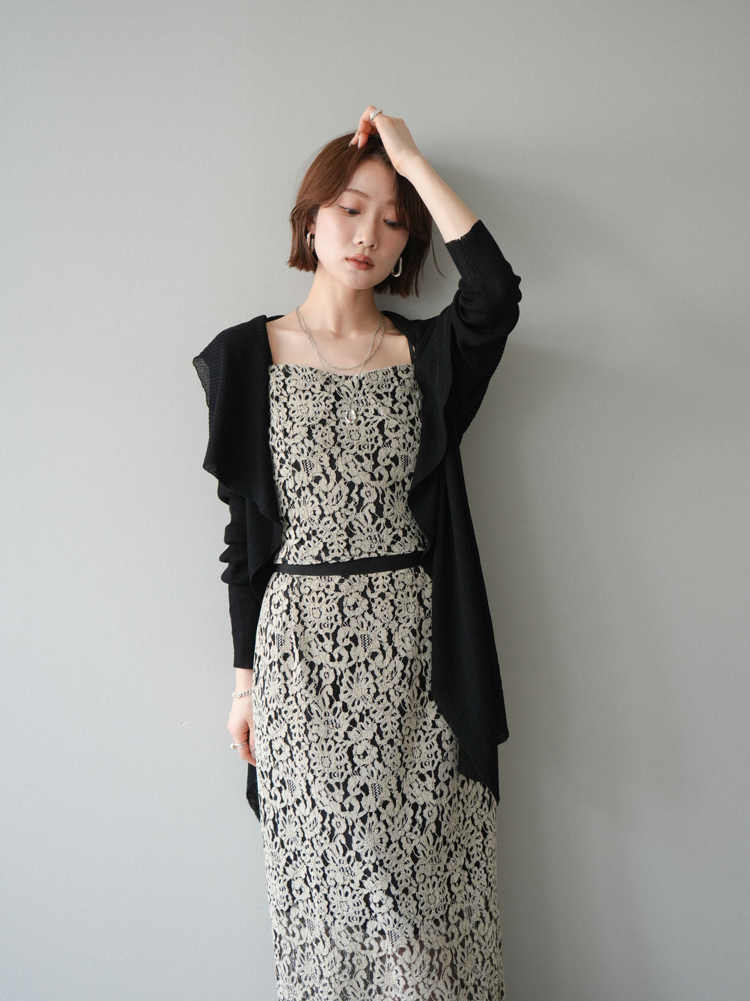 [SET]ドレープリブニットガウン+フルレースキャミ＆IラインスカートSET UP(2set)