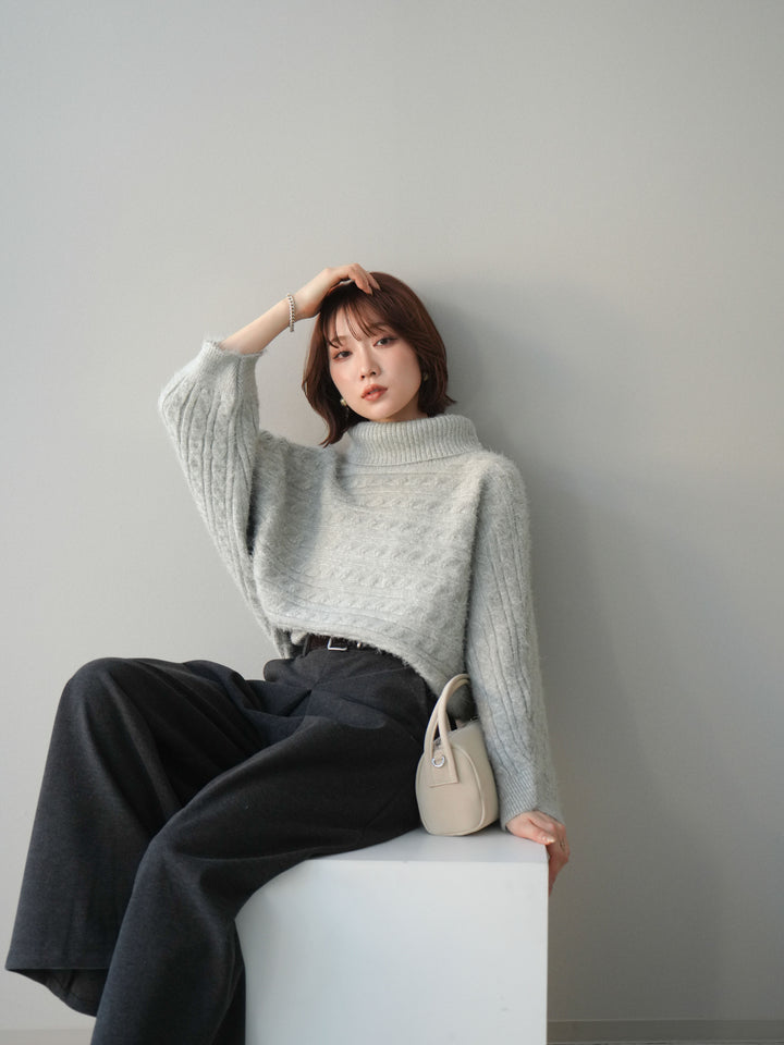 [予約]オフタートルケーブル編みニットプルオーバー/gray