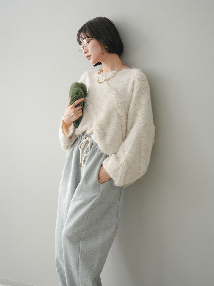 [SET]シャギーデザインニットプルオーバー+裾ZIPスエットワイドパンツ(2set)