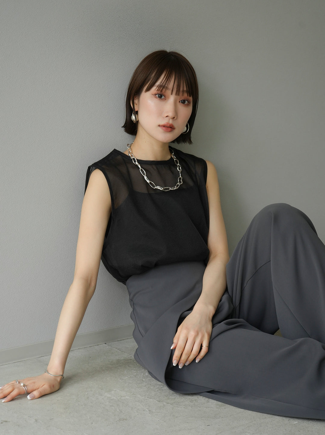 [SET] Organza sleeveless top + wrap wide pants (2set)