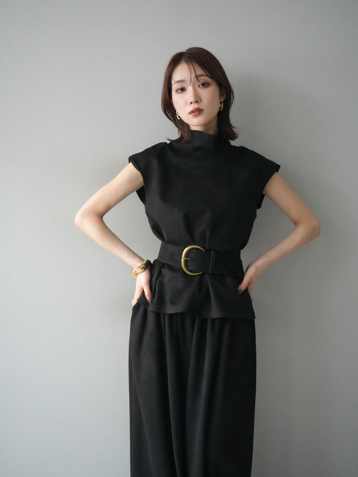 [SET]ベルト付スエードハイネックプルオーバー＆ワイドパンツSET UP