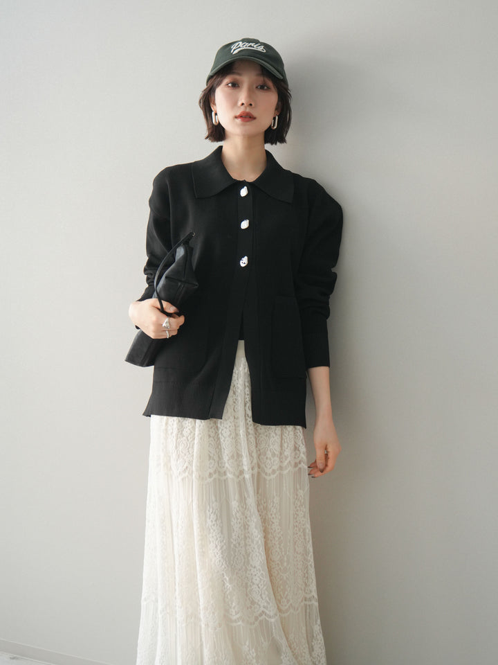 [予約]メタルボタン襟付きポリエステルニットカーディガン/black