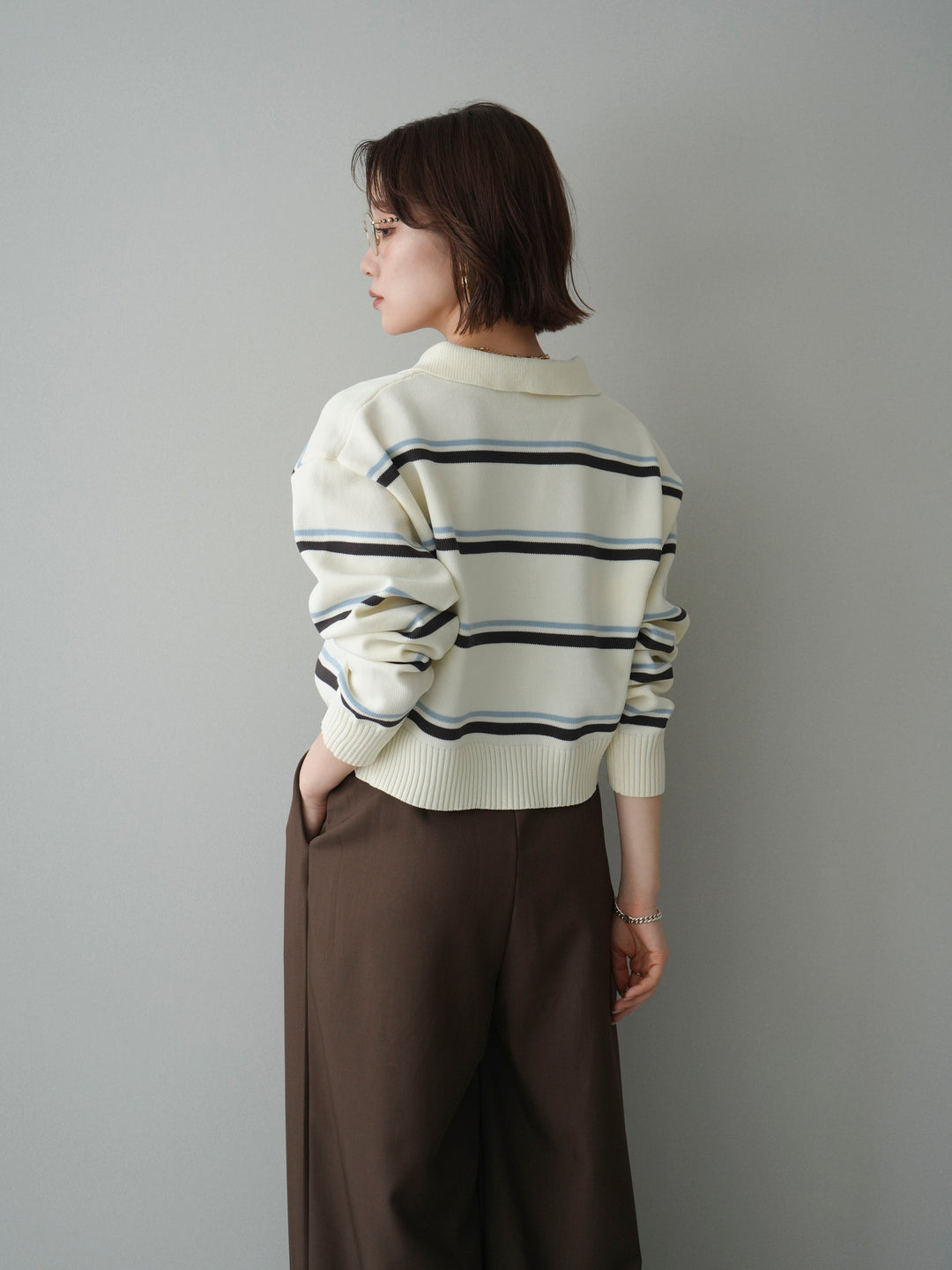 [予約]マルチボーダーポロニットトップス/ivory
