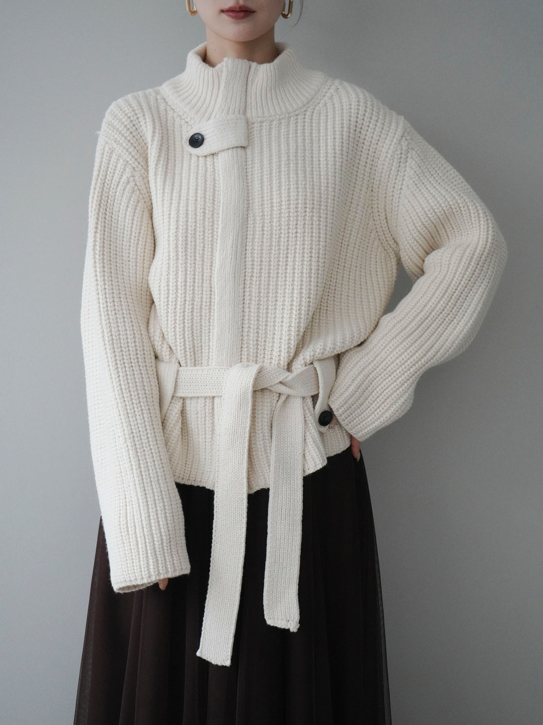 [予約]畦編みボトルネックZIPニットカーディガン/white