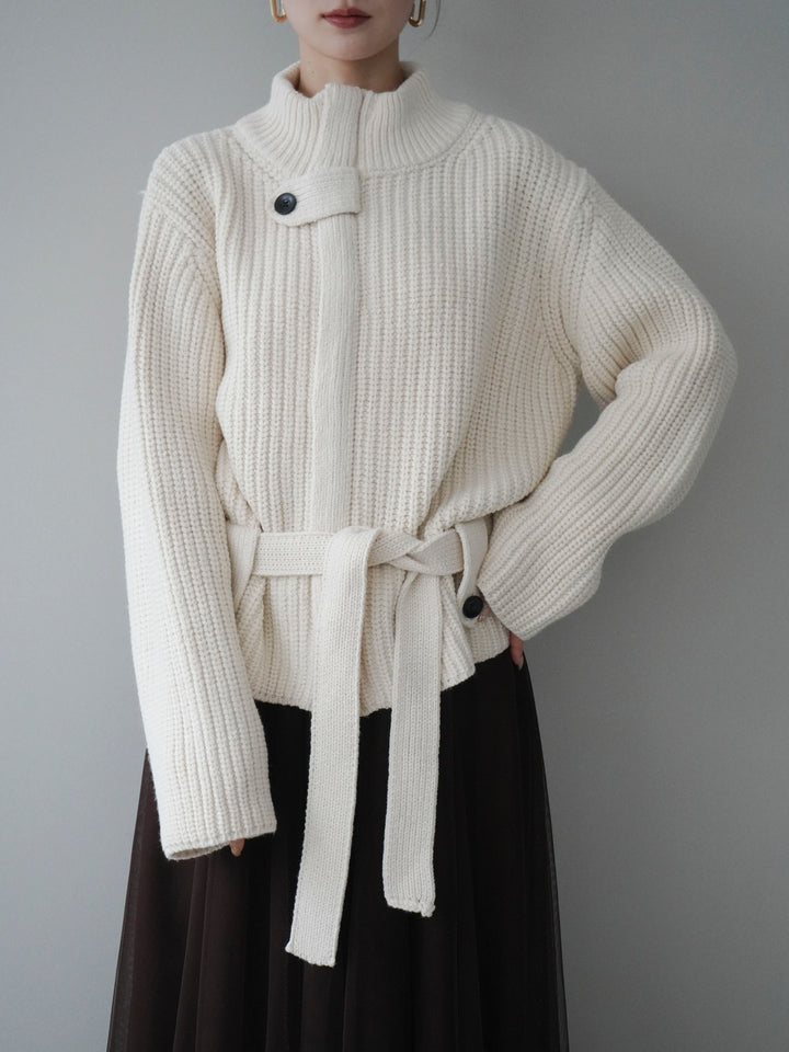 [予約]畦編みボトルネックZIPニットカーディガン/white