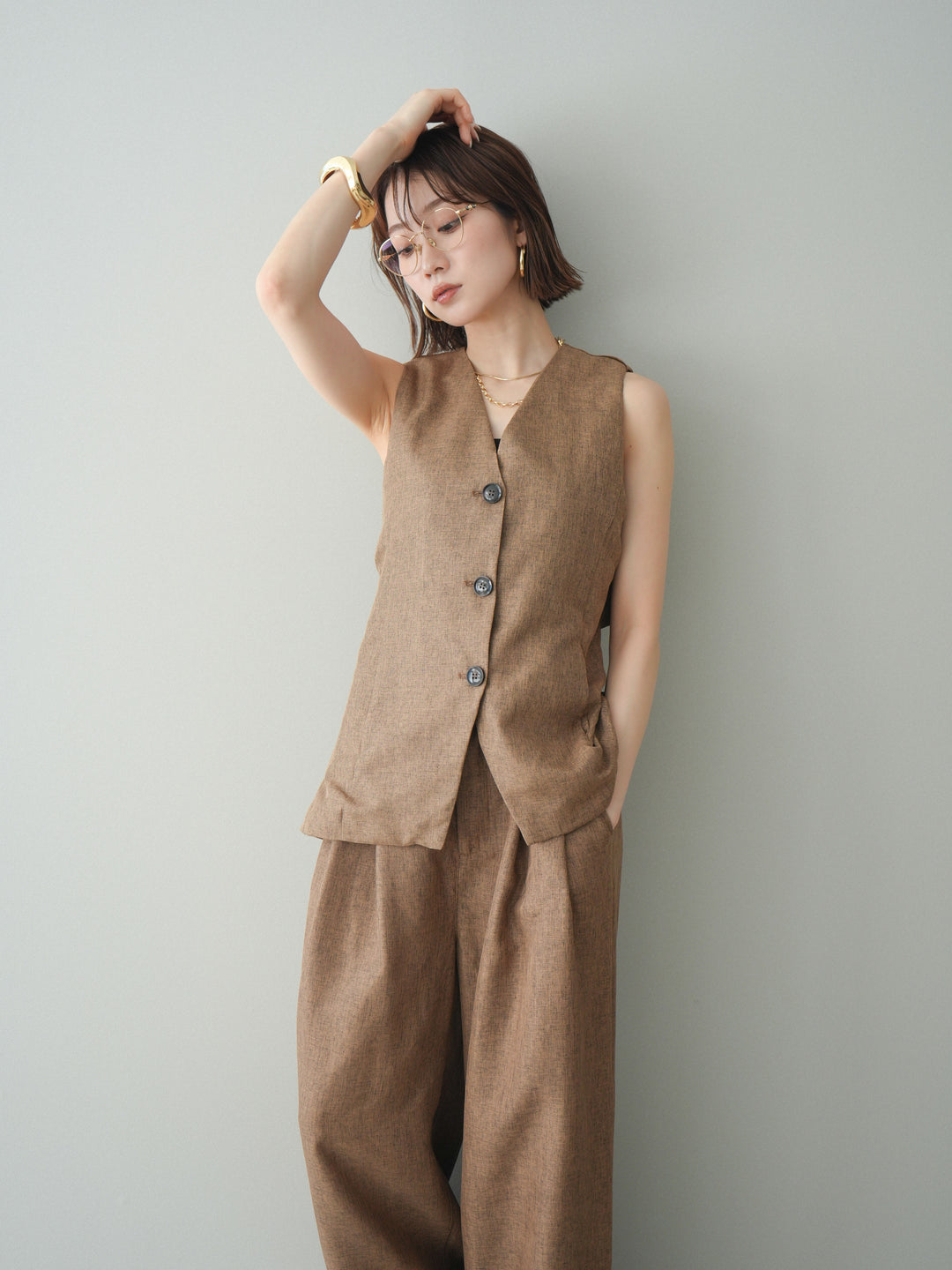 [SET]リネンライクバックオープンジレ+リネンライクタックワイドパンツ(2set)