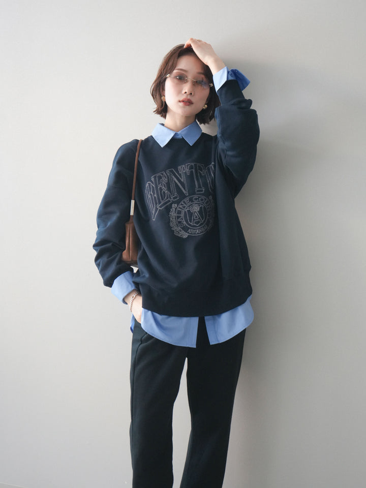 [SET]カレッジロゴ刺繍BIGスウェットプルオーバー+ボウタイ付オーバーシャツ(2set)