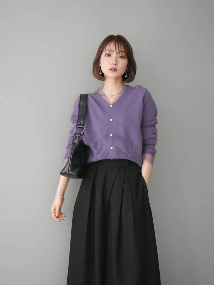 [SET]ドットチュールレイヤードボタンニットトップス+テープベルトタックバギーパンツ(2set)