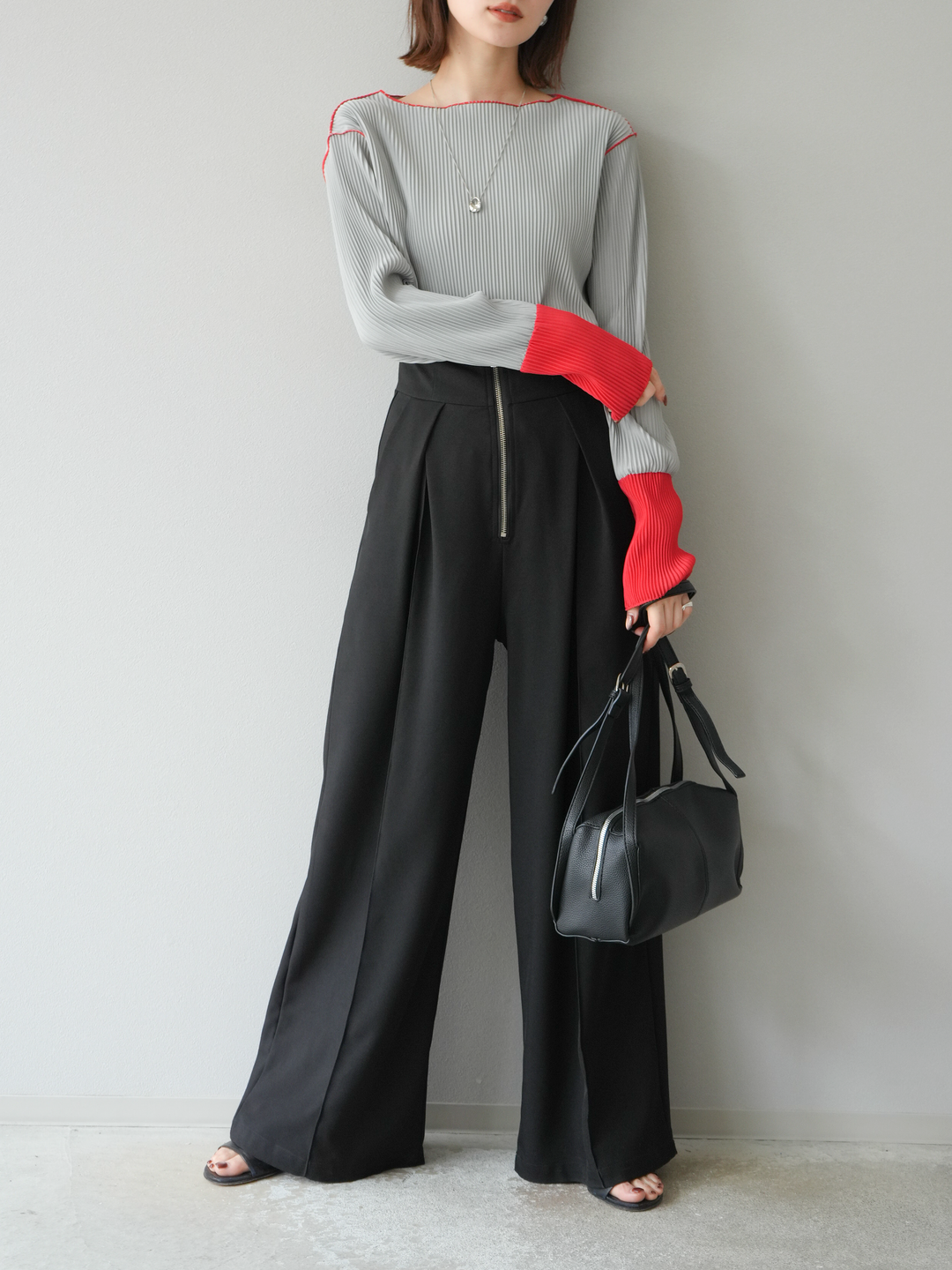 [予約]バイカラープリーツトップス/グレー