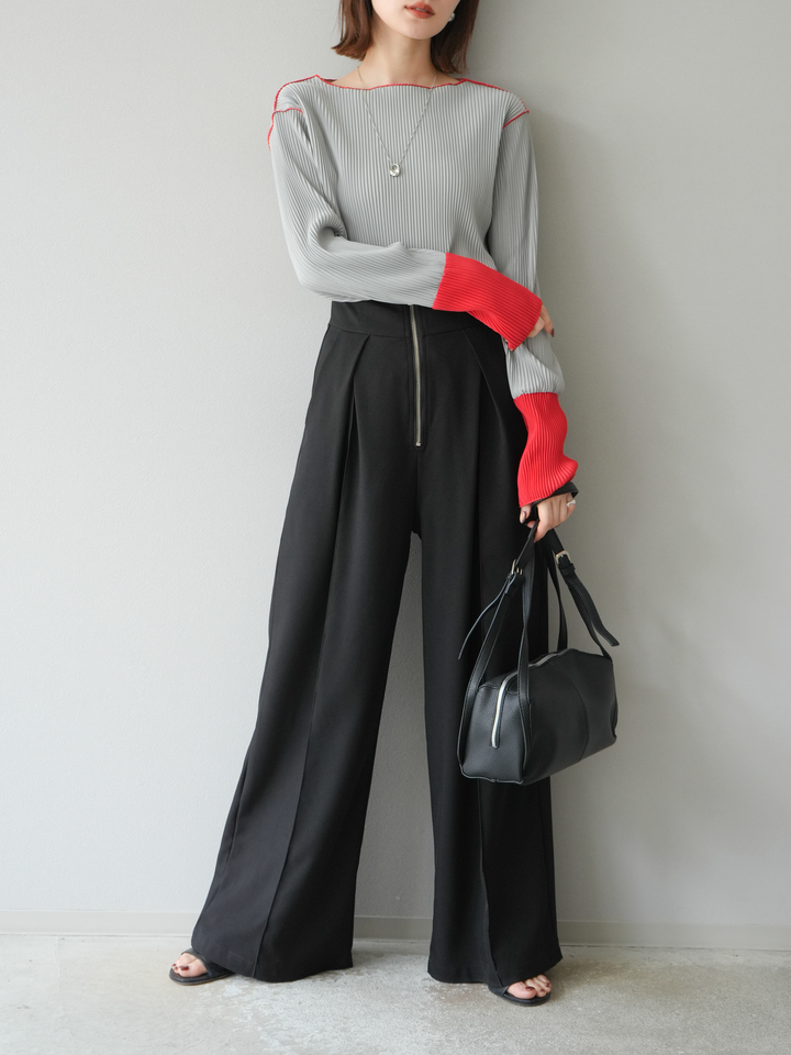 [予約]バイカラープリーツトップス/グレー