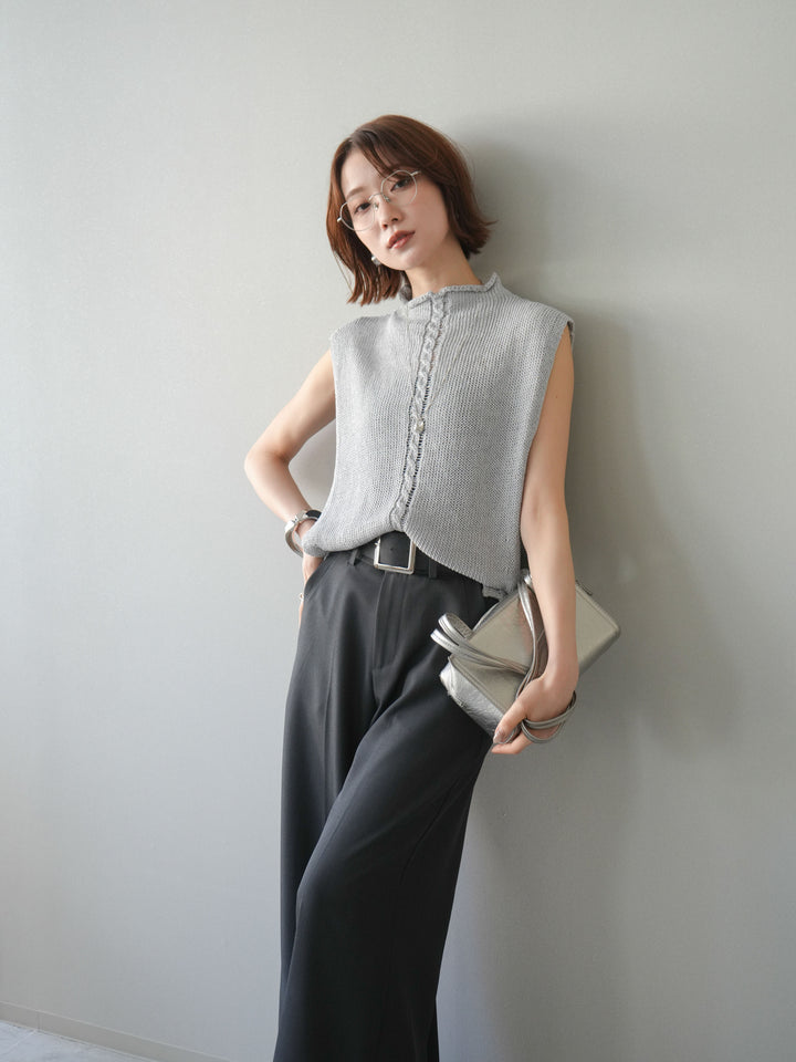 【套裝】開襟針織上衣+銀色搭扣垂褶闊腿褲（兩件套）