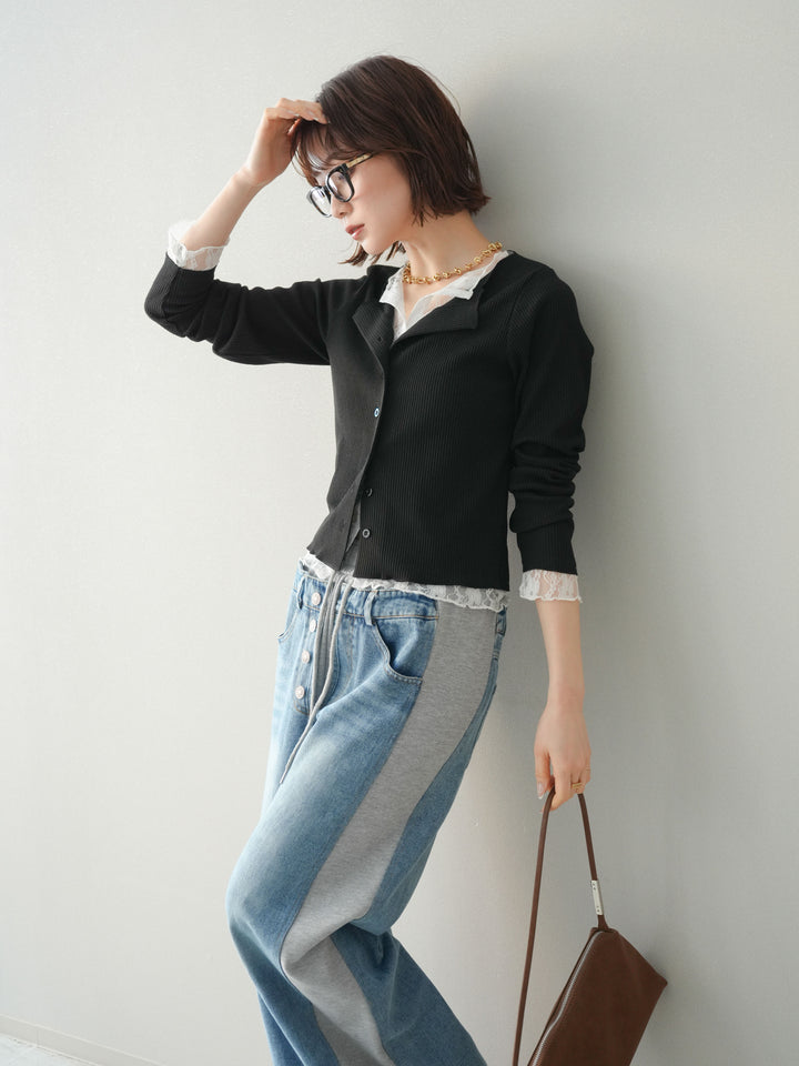 [SET]レースドッキングテレコリブカーディガン+デニム切替スウェットパンツ(2set)