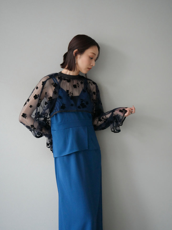 [予約]チュールフラワーフロッキーショートブラウス/ネイビー