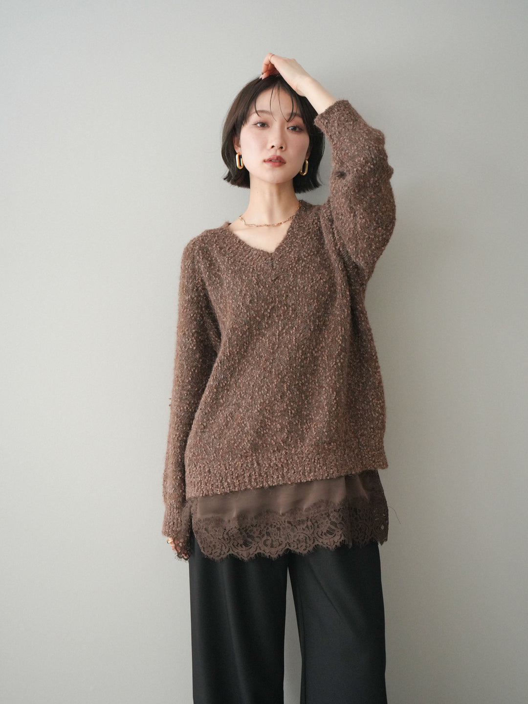 [SET]Vネックスラブニットプルオーバー+選べるアクセセット(2set)