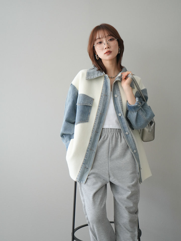 [SET]デニム襟ダブルフェイスニットカーディガン+2WAYデザインスウェットパンツ(2set)