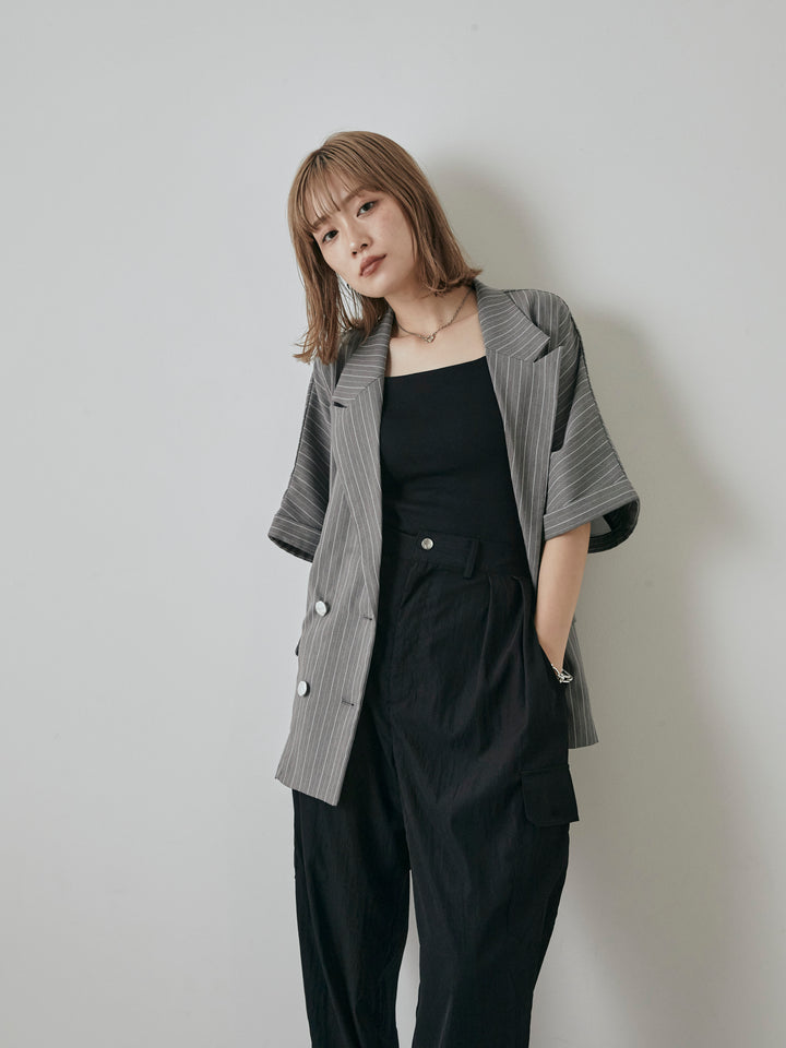 [予約]バックオーガンジーヘリンボーンストライプハーフジャケット/チャコール