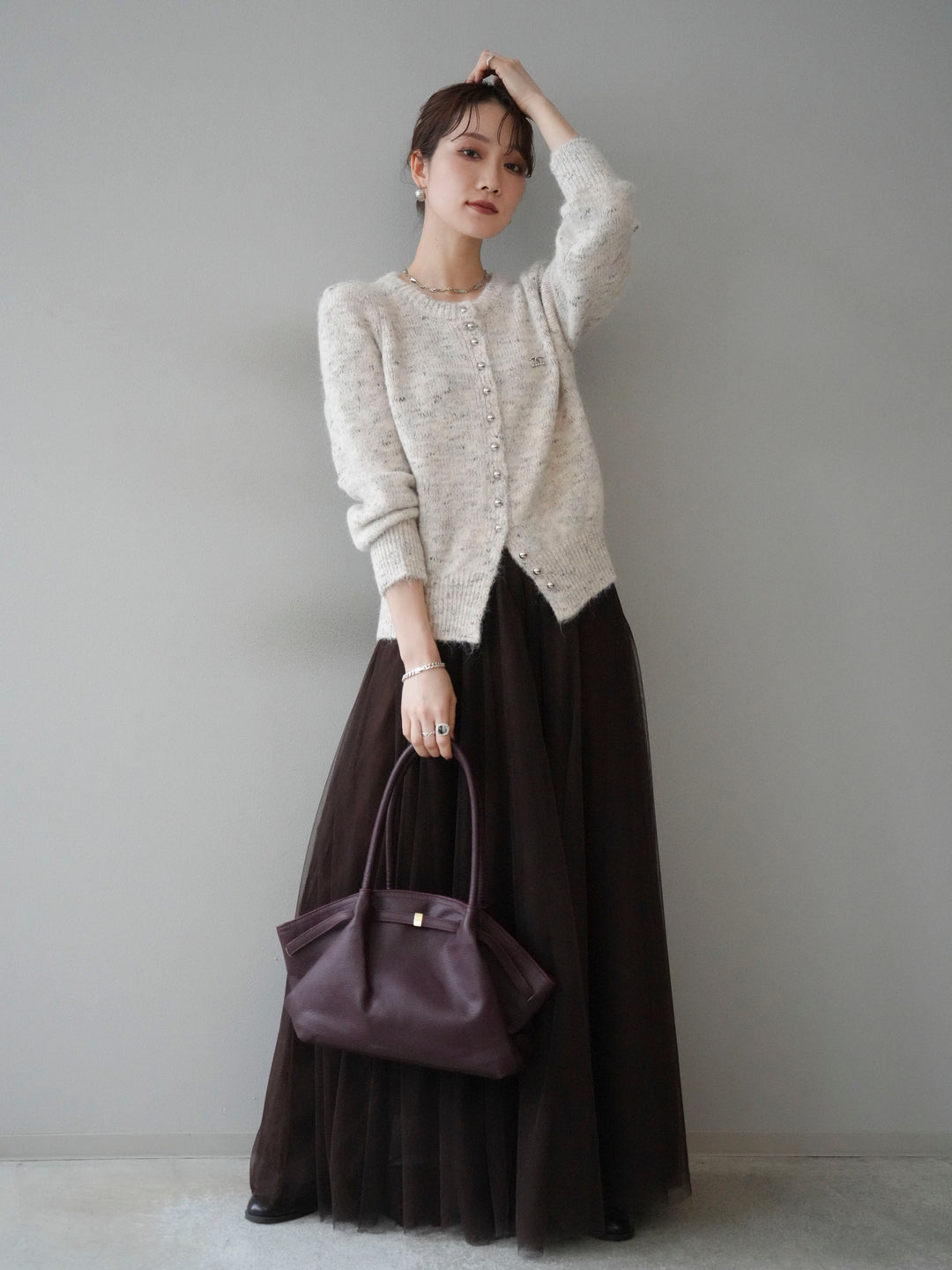 [SET]ブローチ付silverボタンミックスニットカーディガン+チュールボリュームスカート(2set)
