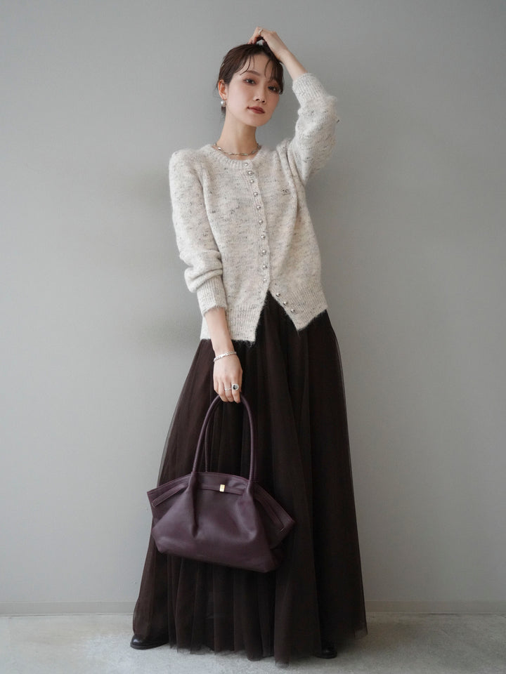[SET]ブローチ付silverボタンミックスニットカーディガン+チュールボリュームスカート(2set)