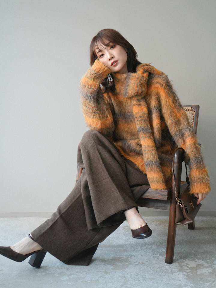 [予約]ストール付シャギーマルチボーダーニットプルオーバー/yellow