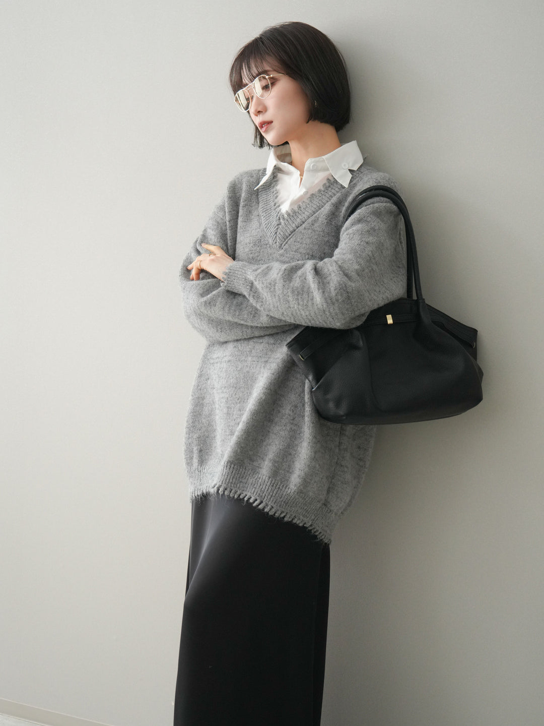 [予約]シャツドッキングVネックフリンジニットプルオーバー/gray