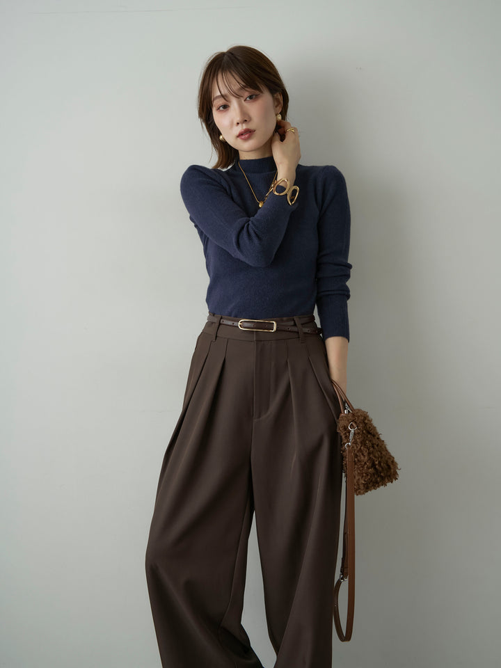 [SET]リブモックネックニットトップス+ツイルタックワイドパンツ(2set)