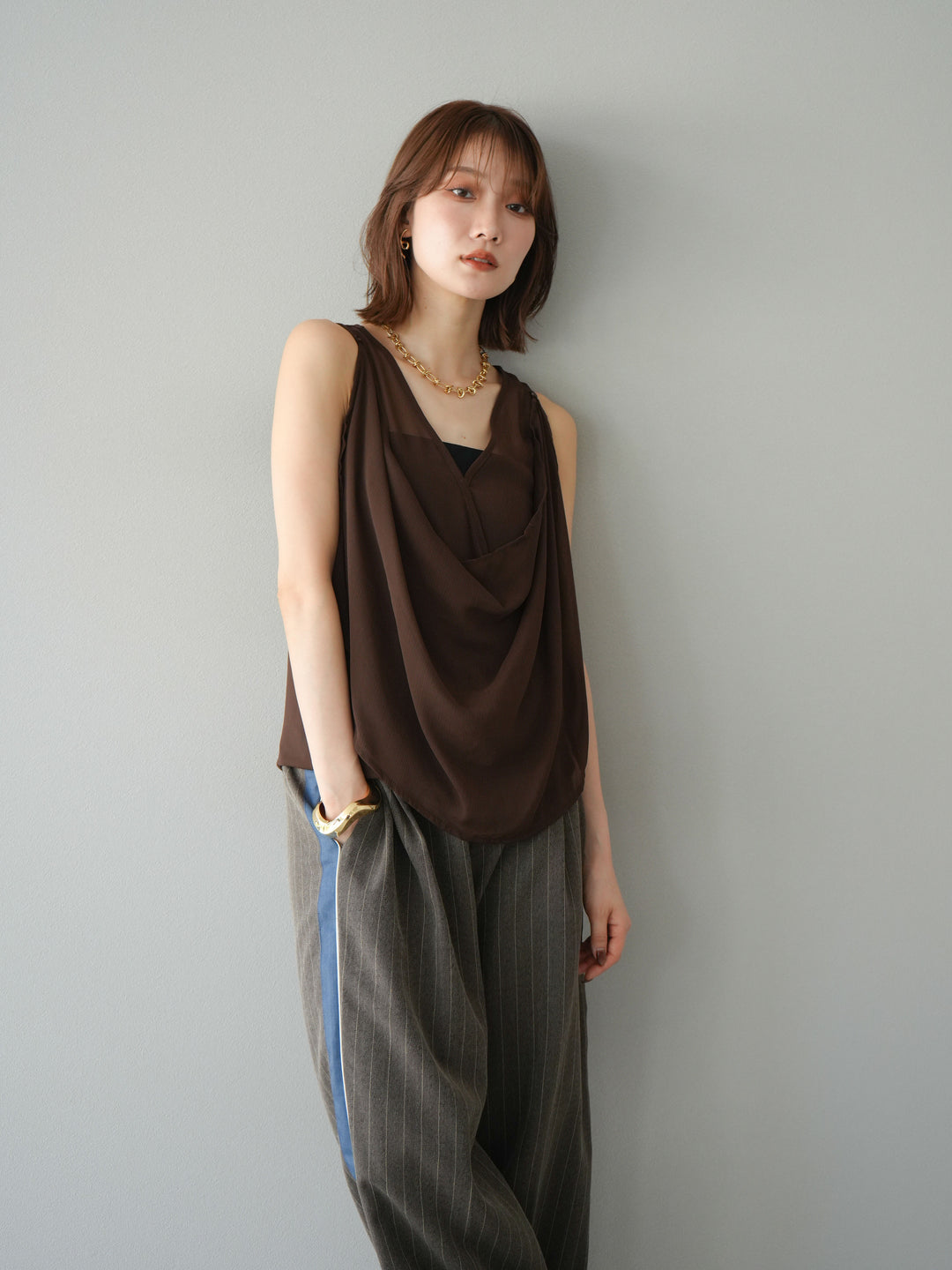 [予約]サイドラインストライプワイドパンツ/ブラウン